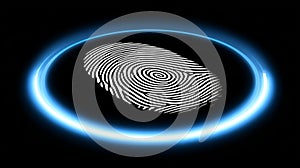 A digital fingerprint scan with glowing blue lines and a binary code interface