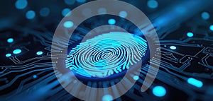 Digital fingerprint scanner graphic. Biometric identity scan verification on computer screen. Data protection, security tech,