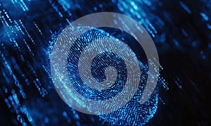 Digital fingerprint technology, glowing blue fingerprint on dark background, binary code elements, cybersecurity concept