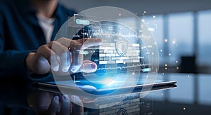 Digital Firewall Security Technology Concept Hand Interacting with Futuristic Firewall Interface on Tablet