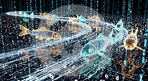 Digital Fish Swimming Through Futuristic Binary Code Stream
