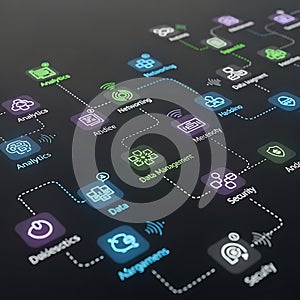 Digital flowchart of data and network connections with abstract icons and glowing lines