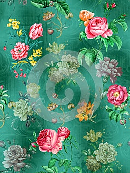 Digital Flower Pattern - Textile Design Green Background