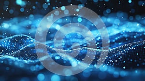 Digital flowing data particles creating technological wave background