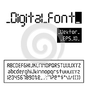 Digital font. Alarm clock letters. Numbers and letters set for a digital watch and other electronic devices. Vector