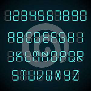 Digital font, alarm clock letters and numbers vector alphabet