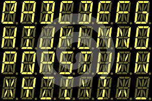 Digital font from capital letters on yellow alphanumeric LED display