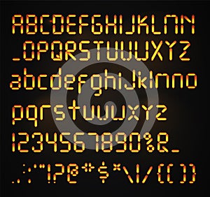 Digital font Isolated. Glowing realistic Digital alphabet. Alarm clock letters. Numbers and letters set for a digital