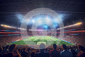 Digital Football or soccer stadium at night with crowd of fans. 3D rendering