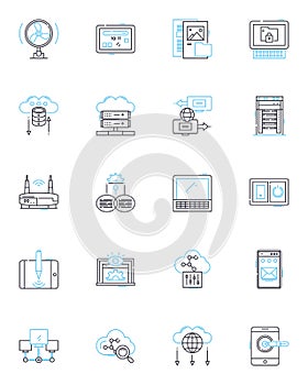 Digital footprint linear icons set. Traceability, Privacy, Reputation, Exposure, Auditability, Transparency, Monitoring