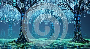 Digital Forest Abstract Trees Made of Binary Code and Data in Blue and Green
