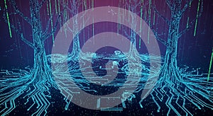 Digital Forest Futuristic Trees Made of Circuit Boards and Binary Code