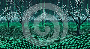 Digital Forest Landscape Binary Code Trees in Futuristic Green Data Stream