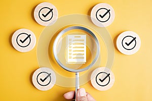 Digital form document check with magnifying glass and approval icons, compliance verification