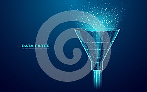 Digital Funnel and Abstract Data Flow in Techno Blue Background.