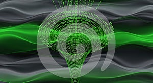 Digital funnel with binary data stream in green, conveying data conversion and technology transfer