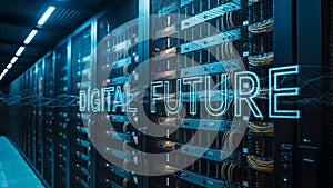 Digital future illuminated by glowing text and data streams in a server room