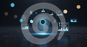 Digital futuristic interface with charts, bitcoin and analytics, data visualization