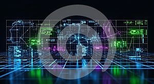Digital futuristic interface with colorful data charts and network lines on a grid