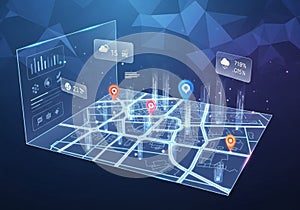 A digital, futuristic map interface with holographic elements. Blue