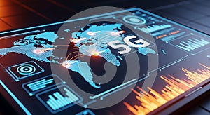 A digital 5g network visualized with a world map on a futuristic smart device
