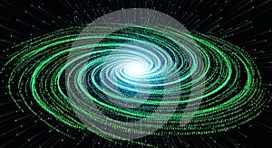 Digital Galaxy Swirl of Binary Code in Green and Blue Light
