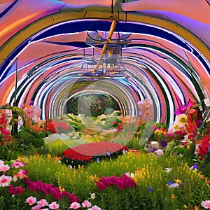 A digital garden of organic shapes and colors, with flowers and plants blooming in a never-ending cycle of life and death3, Gene