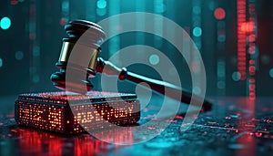 Digital gavel rests on illuminated data block, representing cyberjustice in information age. Binary code, network grid