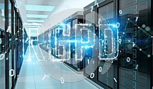 Digital GDPR interface in server room 3D rendering