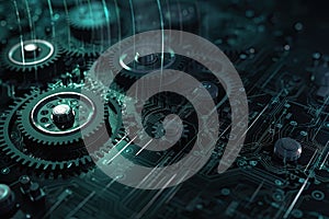 Digital gear wheels on circuit board. High technology engineering. Generative AI