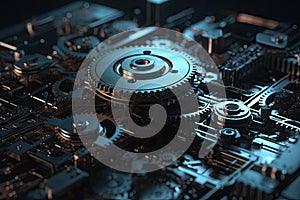 Digital gear wheels on circuit board. High technology engineering. Generative AI
