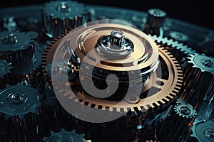 Digital gear wheels on circuit board. High technology engineering. Generative AI