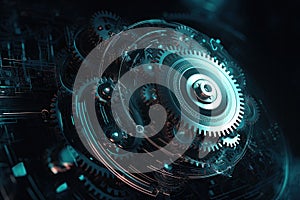 Digital gear wheels on circuit board. High technology engineering. Generative AI