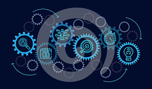 Digital Gears Connected with Business icons. Concept of Online Business Management and Automation, Virtual Marketing and