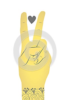 Digital generated image of hand peace sign and heart icon against white background