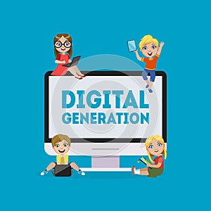 Digital Generation Banner, Kids Playing Games, Learning, Communicating with Tablet, Laptop, Smartphone Vector