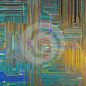 A digital glitch effect overlaying a circuit board pattern, symbolizing the convergence of technology and art2, Generative AI