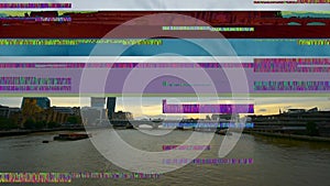 Digital glitch London Bridge with view of modern skyscrapers Thames river