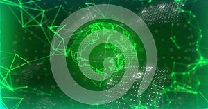 Digital globe and binary code data processing image over green network connections