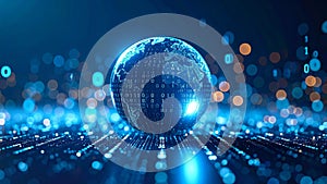 Digital globe with binary code and data streams, representing global technology and networks.