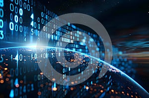Digital globe with binary code patterns representing global data transfer