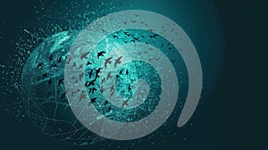 Digital Globe with Birds Migration Concept on Blue Background