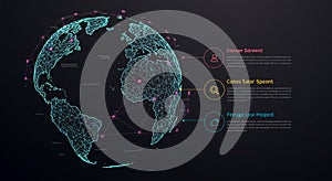 A digital globe on a dark background features a network of interconnected lines and