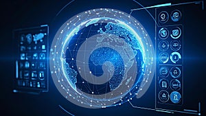 Digital globe with data visualization, network connections, and user interface elements