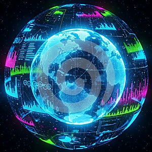Digital globe with data visualizations and futuristic glow