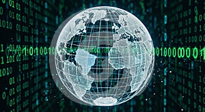 Digital Globe of Earth with Binary Code Data Stream in a Futuristic Network Concept world