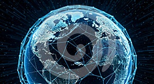 Digital globe with glowing continents and interconnected network lines representing global connectivity