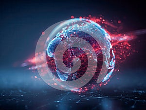 Digital globe with interconnected data points and glowing network lines representing global communication and technology