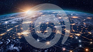 A digital globe with network connections represents the global iot network, showcasing interconnected devices and data flow