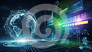 Digital globe network with data charts and binary code in a futuristic technology concept Keywords: digital, globe